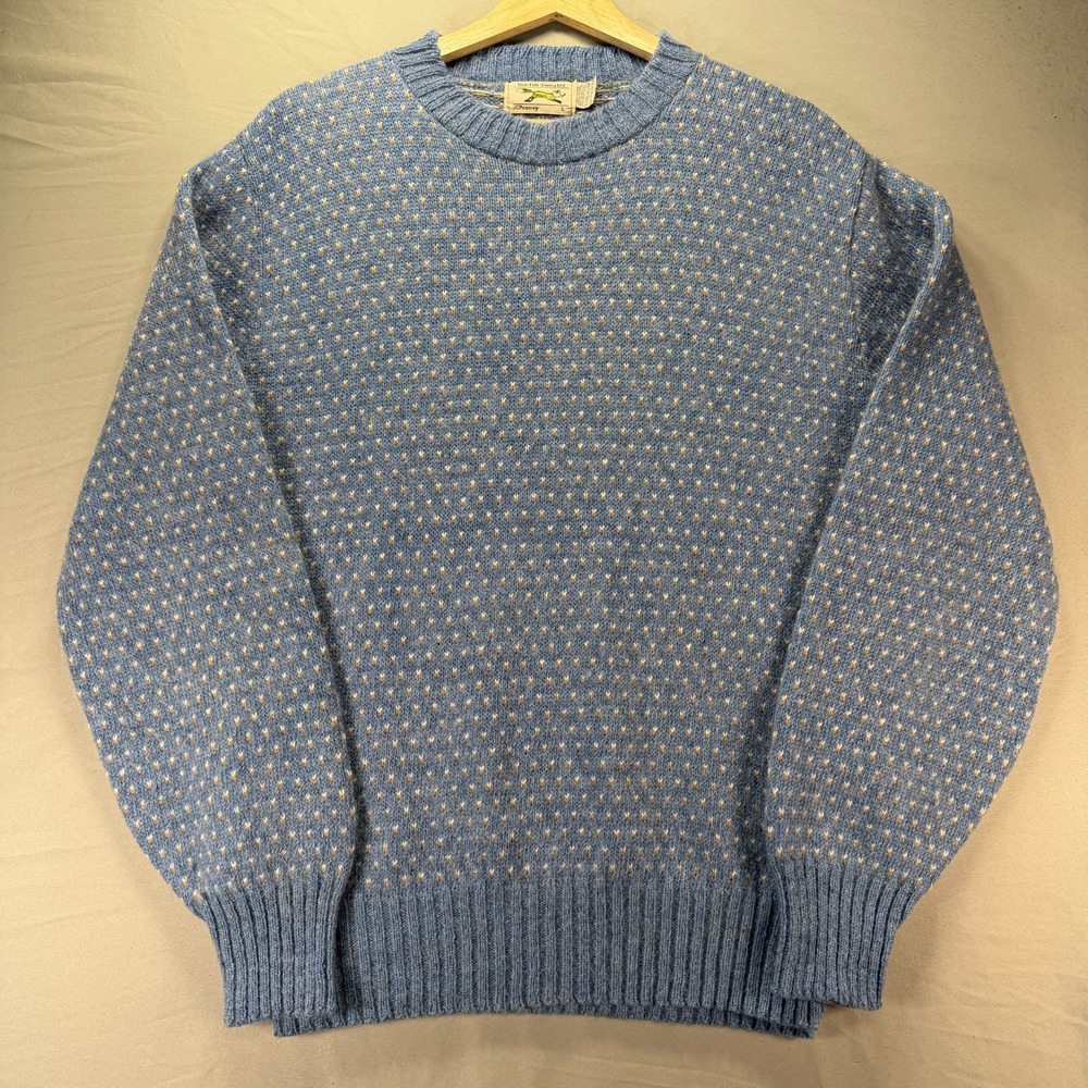 Vintage JC Penny The Fox Sweater Mens Large Blue Birdseye True Knit Wool 80s